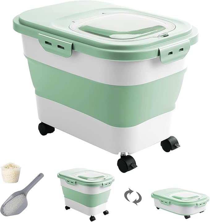 20-30 Lbs Rice Storage Container,Collapsible Food Storage Containers with Rolling Wheel Airtight Locking Lid,Flour Storage Container with Cup and Scoop,Suitable for Food,Rice,Pet Food,Flour by DDMOMMYCOLLAPSIBLEFOODSTORAGECONTAINERFAMILY