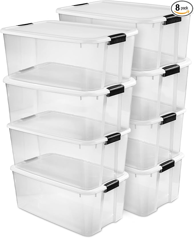 Sterilite 8-Pack Ultra Latching Box, Storage Bins with Lids, Clear Plastic, 116 Quart - Heavy-Duty Organizing Containers for Closet, Bathroom, and Office by Sterilite
