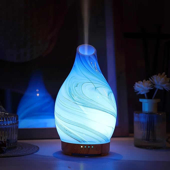 Essential Oil Diffuser, Art Glass Ultrasonic Aromatherapy Diffuser for Home 160ml with Intermittent Mist & LED 7 Colorful Changing Night Light for Bedroom-Ink Dyeing Time - Image 8