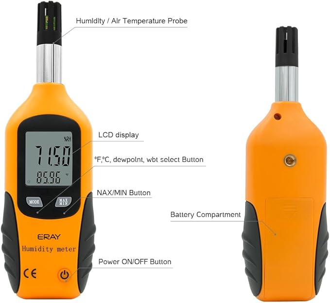 Digital Psychrometer Thermometer Hygrometer with Backlight, ERAY Temperature and Humidity Reader Meter Thermo-Hygrometer with Dew Point and Wet Bulb Temperature, 9V Battery Included(Yellow) - Image 3