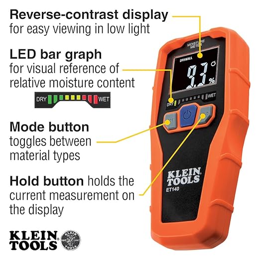 Klein Tools ET140 Pinless Moisture Meter for Non-Destructive Moisture Detection in Drywall, Wood, and Masonry; Detects up to 3/4-Inch Below Surface - Image 3