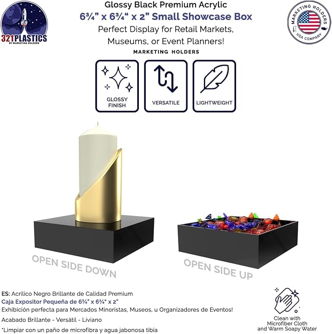 6 Pack Glossy Black Acrylic Display Box Versatile 5 Sided Pedestal 6.75" x 6.75" x 2" Merchandise Storage Bin Retail Product Riser with One Open Side by Marketing Holders - Image 3
