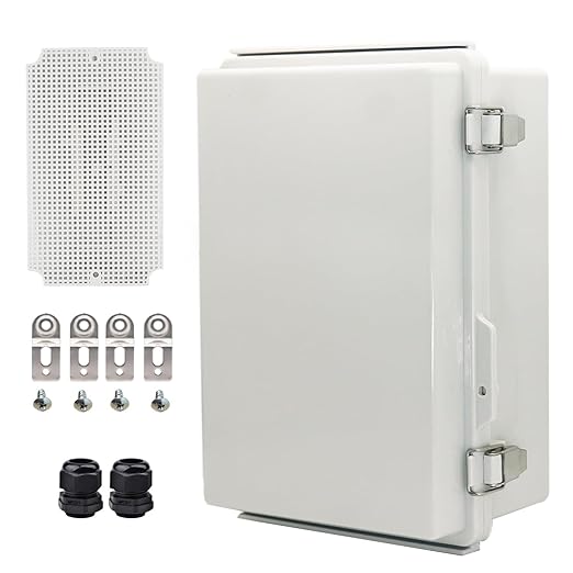 Waterproof Electrical Box with Mounting Plate, IP67 Junction Box Stainless Steel Latch Hinged Grey Cover Project Enclosure with Wall Bracket and 2 Glands 10.2" x 6.3" x 3.9" by YETLEBOX