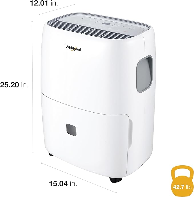Whirlpool Energy Star 50-Pint Portable Dehumidifier with Built-in Pump, Auto-Shutoff and Timer, Home Dehumidifier and Moisture Absorber For Basement, Garage, Living Room in White - Image 4