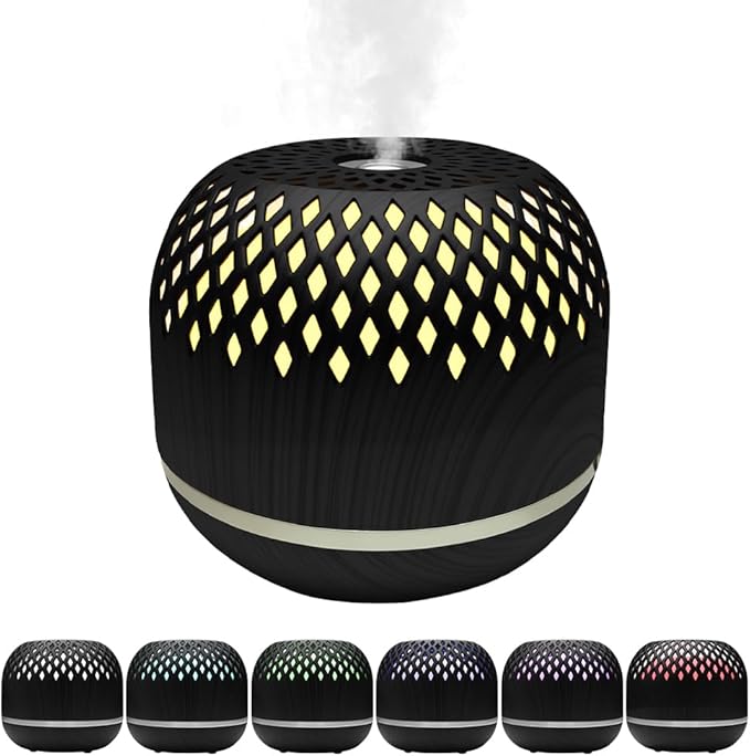 Essential Oil Diffuser 300ml for Home Bedroom, Aromatherapy Oil Diffuser with 3H 6H Timer, 7 Color Light, USB Type-C, Hollow Design, Auto Shut-Off(Dark Woodgrain, Openwork) by Unknown