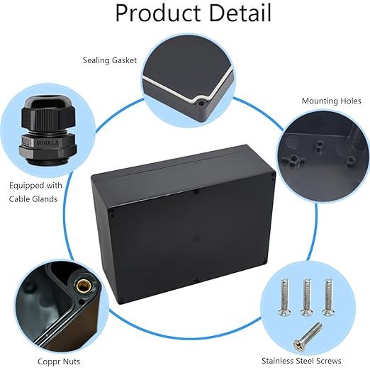 Junction Box IP65 Waterproof ABS Plastic Electrical Project Case Power Junction Boxes, Project Box with 4 PCS M16 Cable Glands 10.35x7.17x3.74 inch (263 x 182 x95 mm) - Image 5