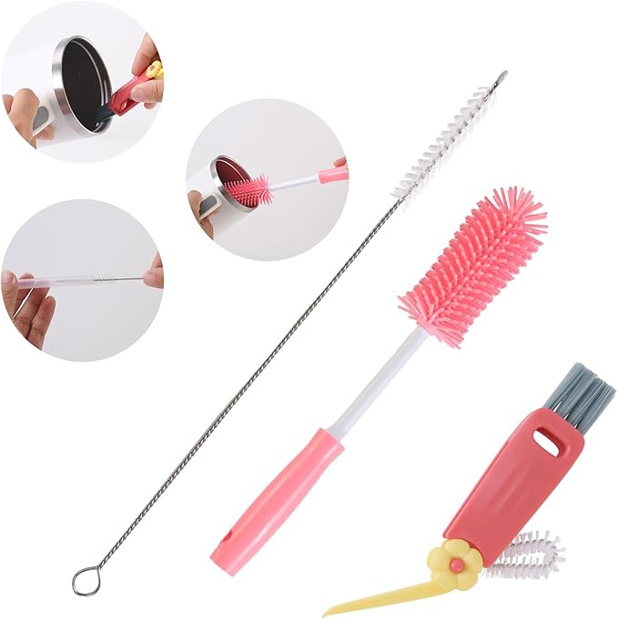 3 Pack Cleaner Brush Kit for Stanley, Bottle Cleaner Brush Set with Straw Brush Cleaner and Cup Lid Cleaning Brush for Stanley Cup, Tumbler Cups, Drinking Glass (Pink) by Engorgio