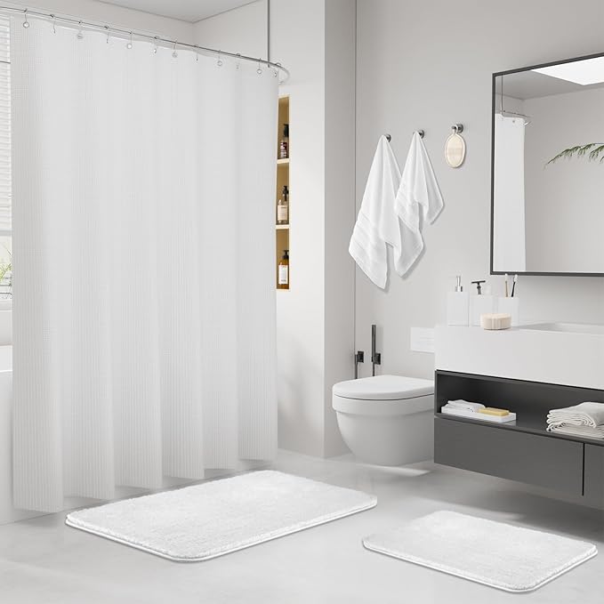 White Bathroom Set, White Bathroom Accessories Set with Shower Curtain and Rugs, Bath Towel Set, Natural Loofah Sponge, Soap Dispenser, Toothbrush Holder, Bathroom Tumbler and Tray for Bathroom - Image 2