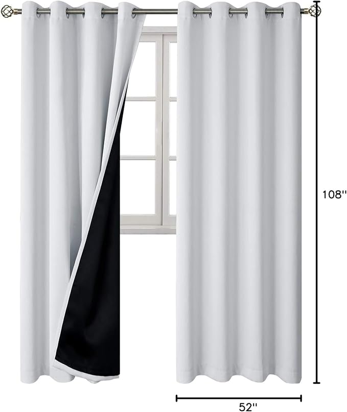 BGment Greyish White 100% Blackout Curtains 108 Inch Long 2 Panles Set, Thermal Insulated Total Light Locking Soundproof Grommet Curtains & Drapes for Living Room with Black Liner, 52 Inch Wide Each - Image 9