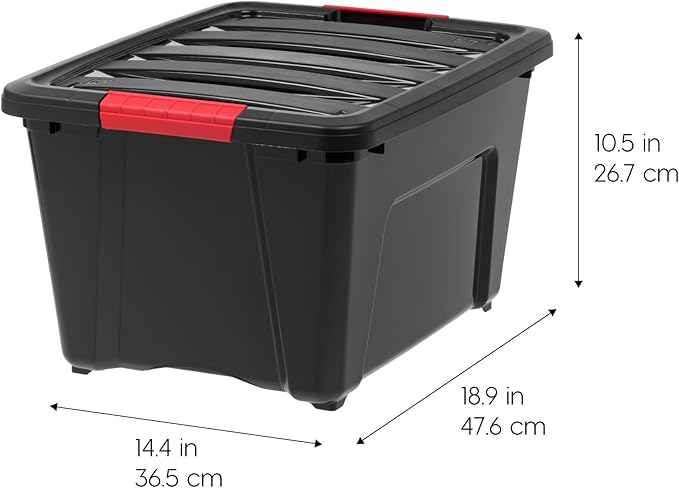 IRIS USA 30 L (32 QT) Plastic Storage Box with Lid and Latches - 4 Pack - BPA-Free, Garage Organizing Solution, Durable Nestable Stackable Containers, Secure Pull Handle - Black - Image 2