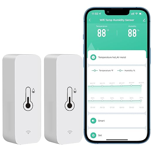 Tuya Smart Wireless Battery Powered Humidity and Temperature Sensor, Free Data Storage Export, Long-Lasting for Home/Basement/Baby Room, Alexa Compatible, Real-Time Alerts via App (2 Pack) by PHOVOLT