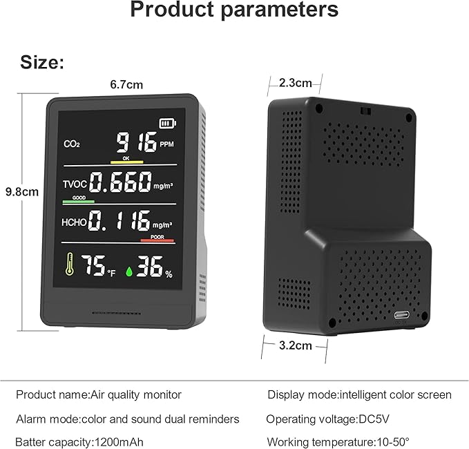 5-in-1 Professional Indoor Air Quality Monitor Indoor Portable CO2 Monitor | Temperature | Formaldehyde Detector | Humidity TVOC | Air Quality Tester - Confined Space Clean Air Monitor (Ruby Black) - Image 8