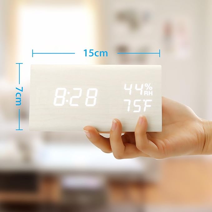 OCT17 Wooden Alarm Clock, Wood Alarm Clock Smart LED Digital Clock for Bedroom/desks, Upgraded with Time Temperature, Adjustable Brightness and Voice Control, Humidity Displaying - White - Image 2