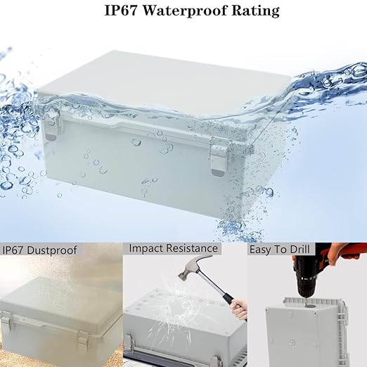 Zulkit Junction Box,IP67 Waterproof Electrical Box Hinged Cover Stainless Steel Buckle Plastic Enclosure for Project w Mounting Plate Wall Bracket and 2 Cable Gland Grey 13.8"x9.8"x5.9"/350x250x150mm - Image 3