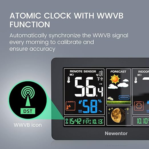 Newentor Weather Station Wireless Indoor Outdoor Thermometer, Color Display Digital Weather Thermometer with Atomic Clock, Barometric Pressure, Forecast Station with Adjustable Backlight, Black - Image 4