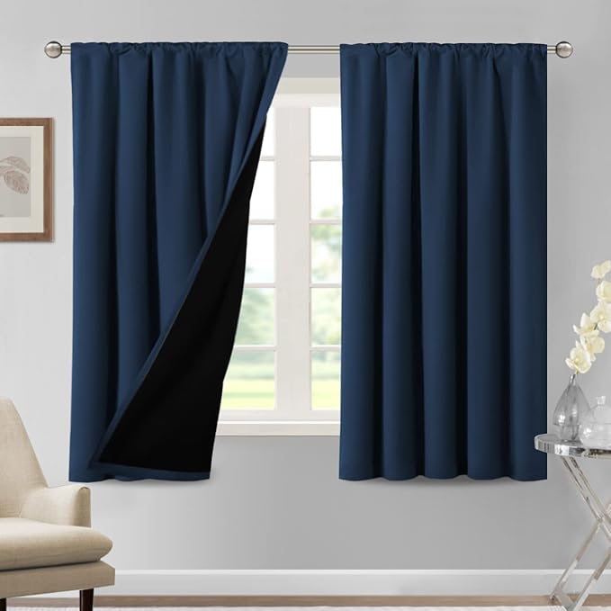 H.VERSAILTEX 100% Blackout Curtains for Bedroom Thermal Insulated Curtains & Drapes Blackout Curtains 63 Inches Long Rod Pocket Curtains for Living Room with Black Liner 2 Panels Set, Navy by HVERSAILTEX