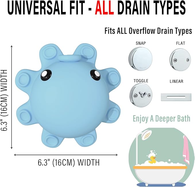 Bathtub Overflow Drain Cover - Silicone Bathroom Overflow Cover for Bath Tub, Bathroom Spa Accessories, Adds Inches of Water for Deeper Bath，Baby Blue - Image 3