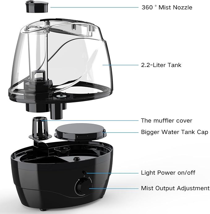 Humidifiers for Bedroom and Large Room, 2.2L Cool Mist Humidifier for Baby, 30 Hours with Whisper-Quiet Operation, Adjustable 360° Rotation Nozzle, Night Light Function, BPA Free - Image 7