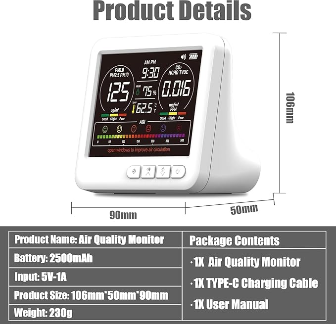 Professional Indoor Air Quality Monitor with 7X AQI,16 in 1 Portable Real-Time Detector for PM2.5 | PM10 | CO2 | TVOC | HCHO | Temp | Hum for Home Cars Plants Pets - Image 7