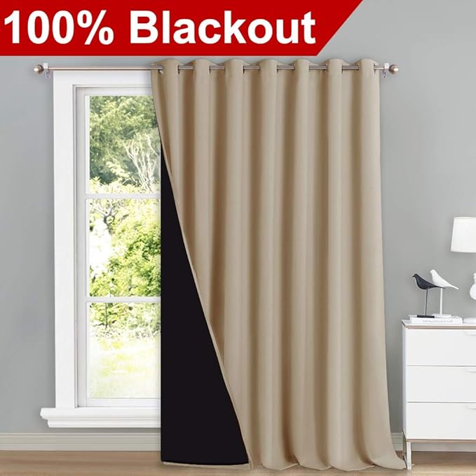 NICETOWN Noise Reducing Room Divider Curtains, Thermal Insulated 100% Blackout Curtain for Office, Slider Panel with Black Lining, Patio Door Drapery (1 PC, 100 inches x 108 inches, Biscotti Beige) - Image 2
