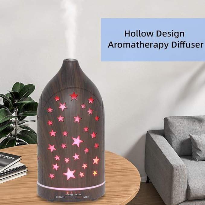 Aromatherapy Diffusers,7.1''x3.5''Diffuser with 3 Essential Oil Set,Small 200ml Office Desk Humidifier with 7 LED Colors Night Lights,Waterless Auto-Off for Home Decor Gift (Star Dark Wood Grain) - Image 8