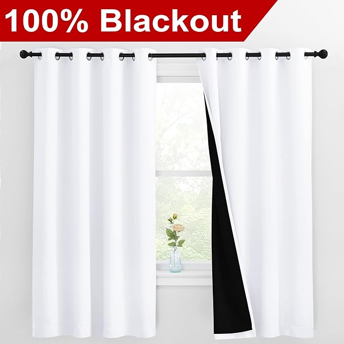 NICETOWN White 100% Blackout Lined Curtains, 2 Thick Layers Completely Blackout Window Treatment Thermal Insulated Drapes for Kitchen/Bedroom (1 Pair, 55 inches Width x 68 inches Length Each Panel) - Image 2