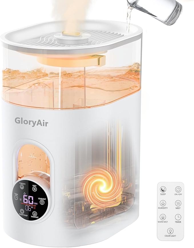 Humidifiers for Bedroom Large Room Home - GloryAir 6L Quiet Top Fill Cool & Warm Mist Humidifier with Smart Humidity Control, Remote Control, 7-Color Light, Humidistat, Oil Diffuser for Plants & Baby by PeaceCozinessComfortable