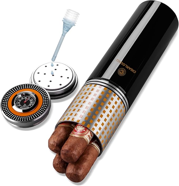 Travel Cigar Humidor Case/Box Metal Portable Air Tight Lid Smell Proof Cigar Case Tube Built in Humidifier for Humidity Control, Humidor That can Hold About 3-5 Cigars with Gift Box (Black) by cigarwong