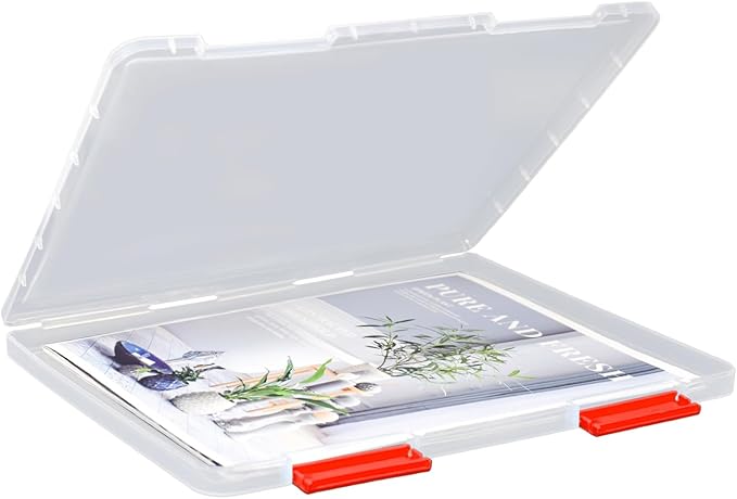 SAYEEC Portable Project Case A4 Plastic Transparent File Storage Box for 8.5"x11" Paper Slim Photo Art Craft Storage Container Scrapbook Document Organizer Magazine Protector for Office School (Red) by SAYEEC