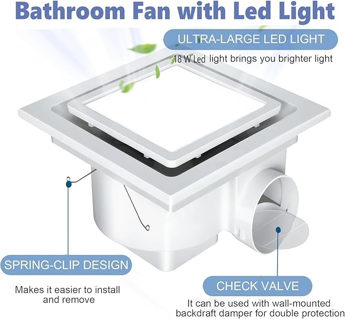 Nalle Ventilation Fans Bathroom Exhaust Fan with Light 12 inch Panel 6000K 18W Square LED 110 CFM 1.0 Sones 4 Inch Duct 110V Ceiling Mount Exhaust Fan for Shower, Bathroom, Office, Home (FL-250) - Image 2