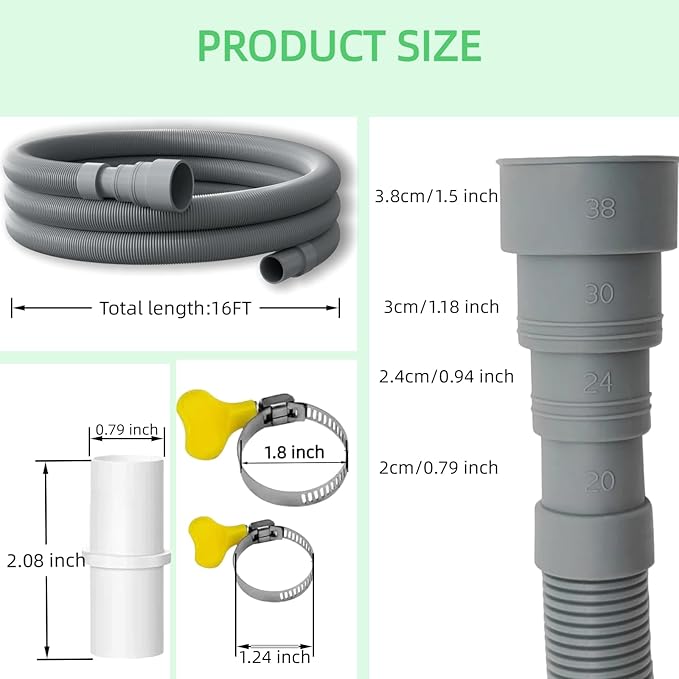 16-FT Universal Washing Machine Drain Hose Kit – Extra-Long Flexible Corrugated Extension for Washer/Dishwasher/Dehumidifier | 7-Piece Set: U-Bend Bracket, 4 Stainless Clamps + Adapter - Image 2