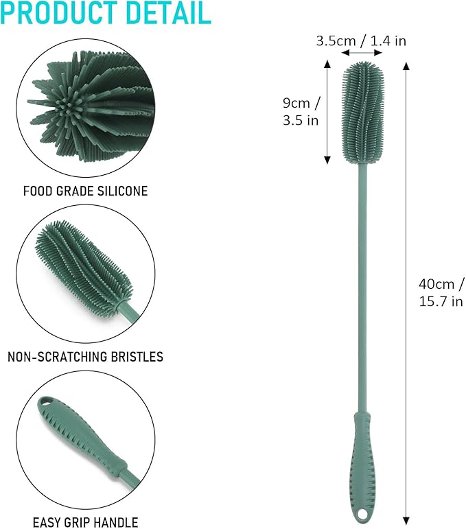 15.7" Silicone Bottle Brush, ddLUCK Water Bottle Cleaner Brush for Stanley, Hydroflasks, Glass, Thermos Sports Bottle, Vase and Glassware, Bottle Brush Cleaner for Small Narrow Neck Containers (Green) - Image 3