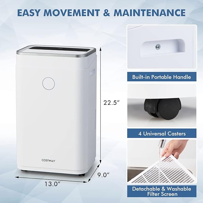 COSTWAY 4000 Sq. Ft Dehumidifier for Basement, 60 Pints Dehumidifier with Drain Hose, 3 Modes, 3-Color Digital Display, 24H Timer, 1.7 Gallon Water Tank, Auto Defrost, Ideal for Home, Large Room - Image 7