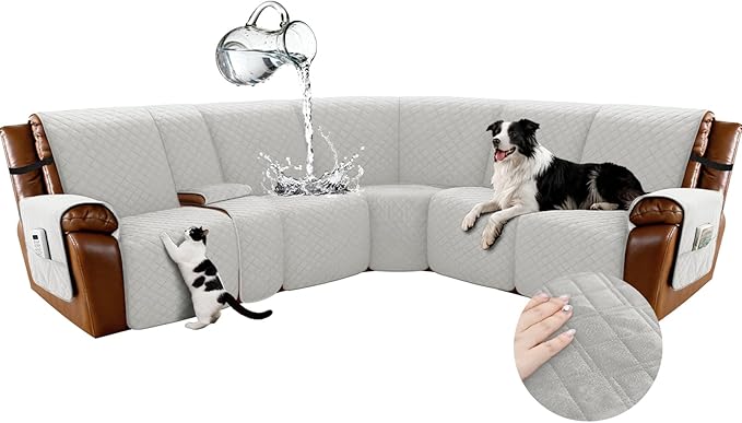 Arfntevss Waterproof Recliner Sectional Couch Covers for Reclining L Shape Sofa Cover Non Slip Washable L Shaped Slipcover Sets for Dog Furniture Protector (5 Seat with 1 Console Cover, Pale Gray) by Arfntevss
