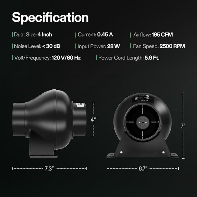 VIVOSUN D4 4 Inch 195 CFM Inline Duct Ventilation Fan, HVAC Vent Blower for Grow Tent, Attic, Basements or Kitchen, Hydroponics Exhaust Booster Fan - Image 4