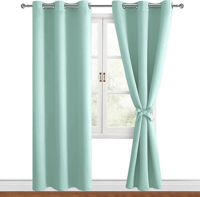 Hiasan Blackout Curtains for Bedroom, 38 x 84 Inches Long - Thermal Insulated & Energy Saving Window Curtains for Living Room, 2 Drape Panels Sewn with Tiebacks, Aqua by Hiasan