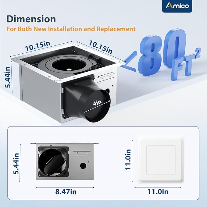 Amico Bathroom Exhaust Fan with Light, 80 CFM, 0.9 Sones, 5CCT, Easy Retrofit without Attic Access, Adjustable Bathroom Fan with light, Quiet Operation, ETL & FCC Certified - Image 2