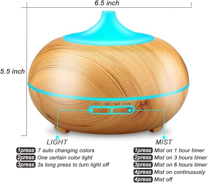 Aroma Essential Oil Diffuser, JoySusie 500ml Wood Grain Ultrasonic Cool Mist Whisper-Quiet Humidifier with Color LED Lights Changing & 4 Timer Settings, Waterless Auto Shut-Off for Spa Baby - Image 6