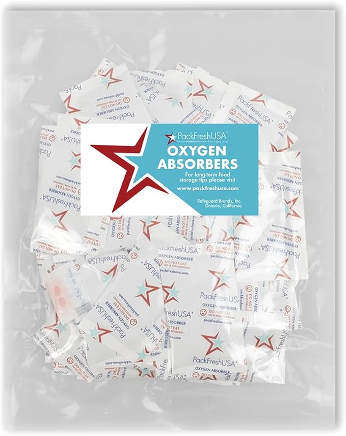 PackFreshUSA: 25 Pack - 500cc Oxygen Absorber Packs - Food Grade - Food Preservation - Long-Term Food Storage Guide Included by PackFreshUSA