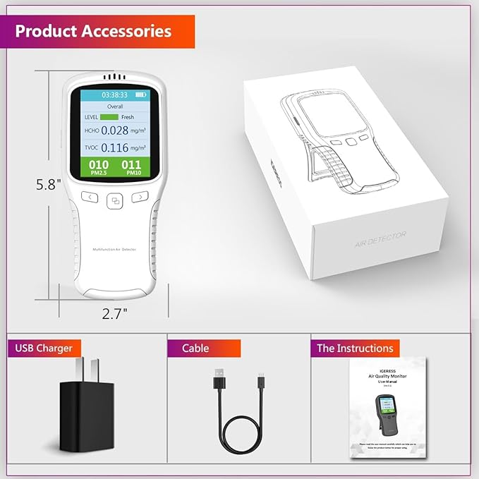 Air Quality Monitor Indoor, 8 in 1 Formaldehyde Detector, voc Meter, Detect Indoor HCHO,TVOC,AQI,PM2.5,PM10,PM1.0,Temperature and Humidity Tester. Colorful LCD Screen & USB Charging (White) - Image 7