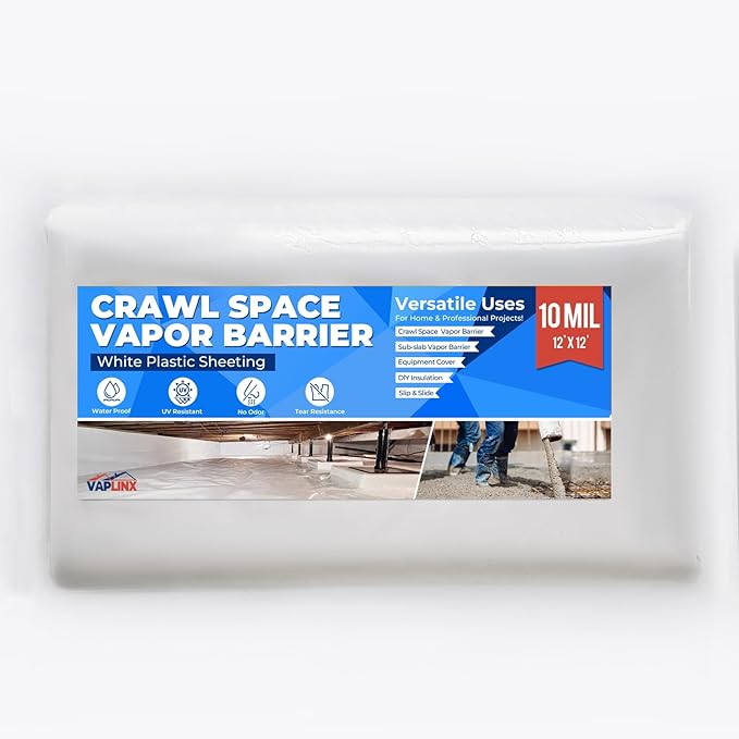White Crawl Space Vapor Barrier, 10 Mil Vapor Barrier, 12' x 12', Heavy Duty Polyethylene Film, Thick Plastic Sheeting, Plastic Drop Cloth Covering for Crawlspace, Basement, White by VAPLINX