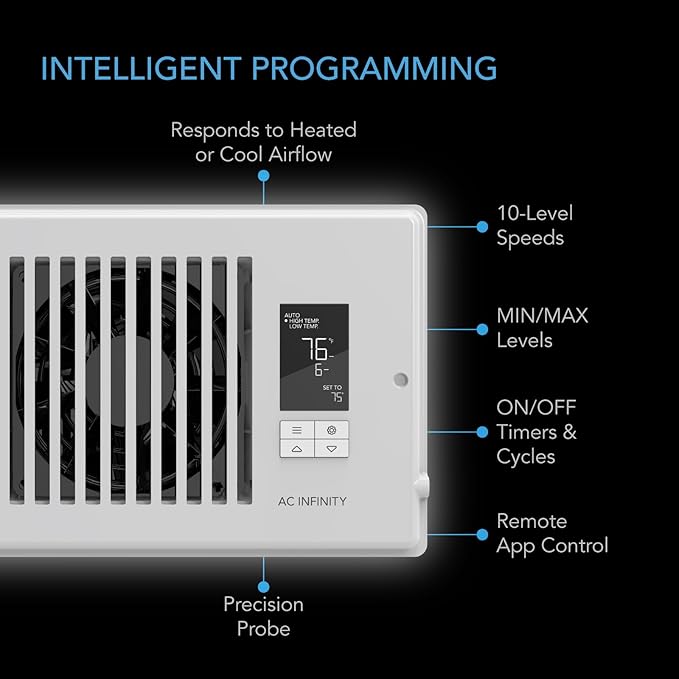 AC Infinity AIRTAP T4 White, Register Booster Fan for 4” x 10” Register Holes, Improves Heating & Cooling Vents, Quiet 10-Speeds, Bluetooth App Control Data Alerts. ONLY FITS 4” x 10” Duct Openings - Image 3
