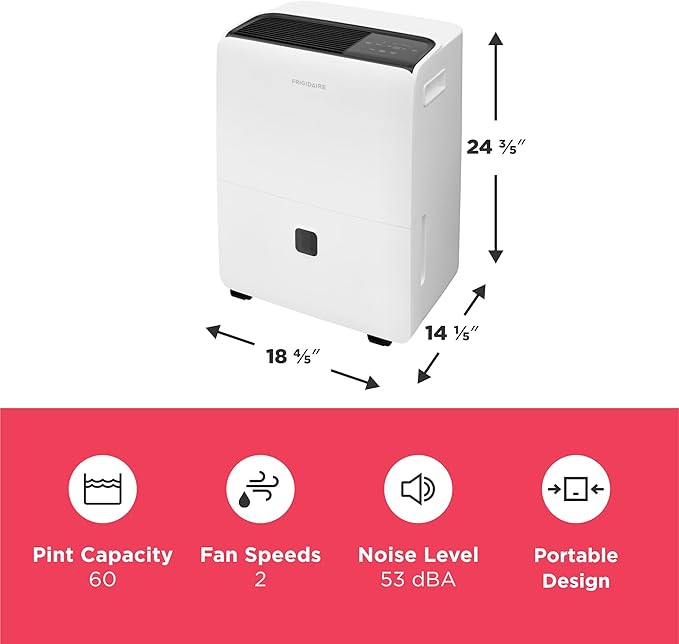 Frigidaire 60-Pint Portable Dehumidifier with Built-In Pump for Large Rooms & Basements, Custom Humidity Control, Auto Shut Off, White - Image 4