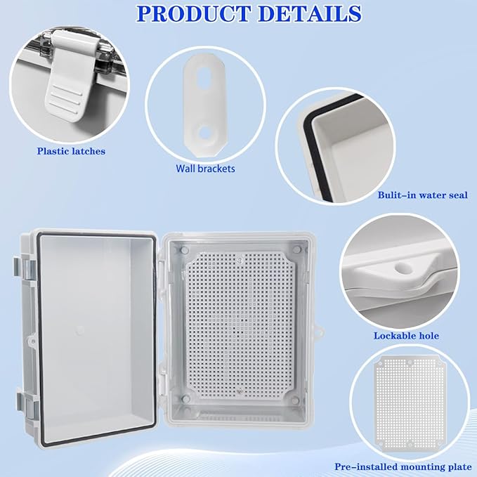 Waterproof Outdoor Electrical Box Junction Box Weatherproof IP67 ABS Plastic Enclosure Switch Router Project Box with Mounting Plate with Wall Bracket 2 Cable Glands Grey 8"x6"x4.3" - Image 3