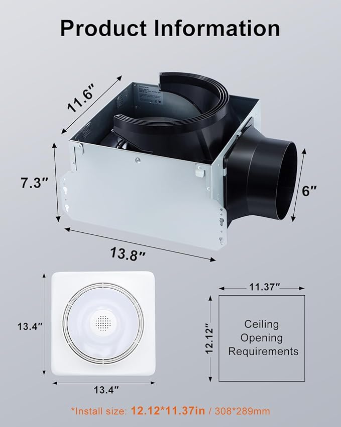GROWNEER Powerful Oversize Bathroom Exhaust Fan with Light, 40W Bathroom Fan with Humidity Sensor, 110/160 CFM 1.0 Sone Exhaust Fan with Heater, 1800W Heating, 1500lm 2700K/4000K/5000K & Nightlight - Image 6