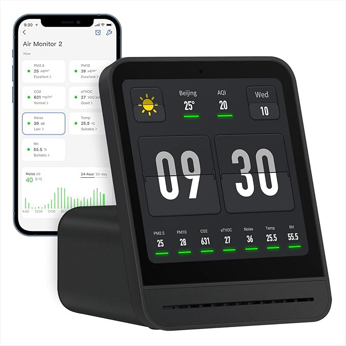 Qingping Air Quality Monitor Gen 2, Air Quality Monitor Indoor Detects PM2.5, CO2, PM10, Noise, Temperature and Humidity, New Upgraded Alarm Clock Function, Air Quality Tester for Bedroom, Smart Home by Qingping