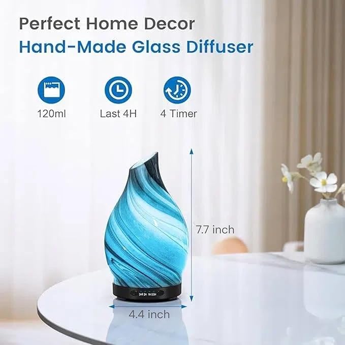 Essential Oil Diffuser, 120ML Glass Aromatherapy Diffuser with Auto Shut-Off and 7 Color LED Lights, Ultrasonic Mist Humidifier with 4 Timer for Home Office Bedroom (Gray Wave) - Image 4
