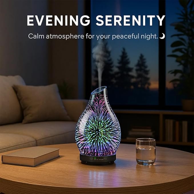 120ML Essential Oil Diffuser, 3D Glass Aromatherapy Diffuser with Auto Shut-Off and 7 Color LED Lights, Ultrasonic Mist Humidifier with 4 Timer for Home Office Bedroom (3D Fireworks) - Image 2