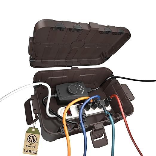 Flemoon Outdoor Electrical Box Waterproof, IP54 Waterproof Extension Cord Cover, Protect Outlet, Plug, Socket, Timer, Power Strip, Holiday Light, Large Weatherproof Connection Box, Brown by FLEMOON
