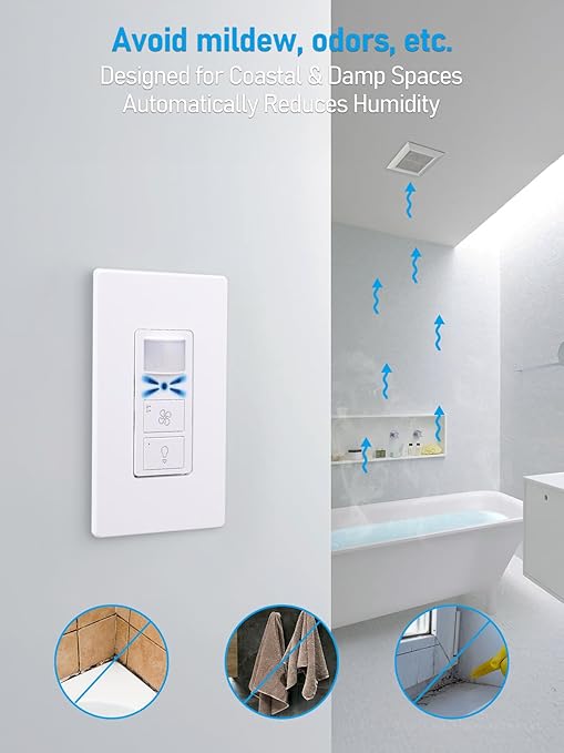 TORCHSTAR Humidity Sensor Switch with PIR Motion Detection, Adjustable Timing, Moisture Control, Automatic Fan & Light Control for Bathrooms Basements, Single Pole, 1/2 HP, White, ETL Certified - Image 4